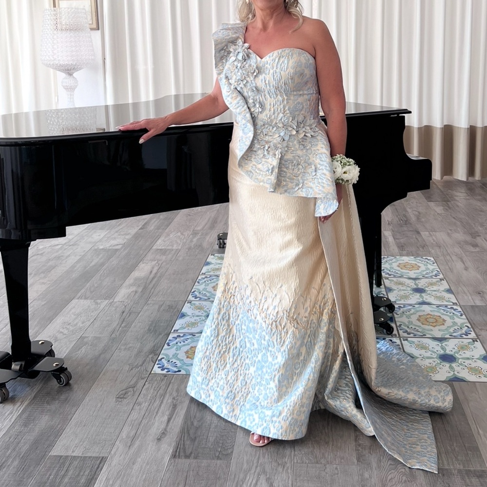 Terani Couture One Shoulder Dress in Blue and Cream